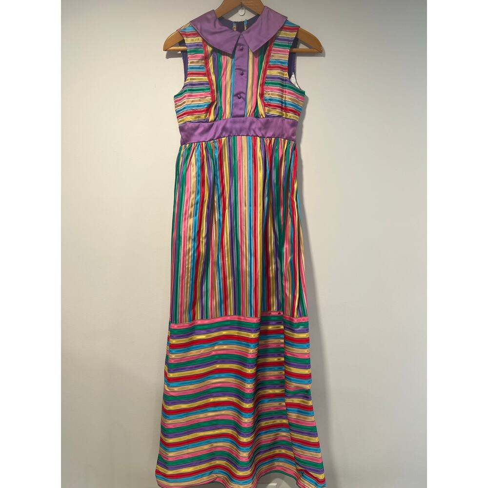 WOW! Rare Colorful Rainbow 1960s-1970s Sleeveless Maxi Dress w Collar Small JL - Picture 3 of 12